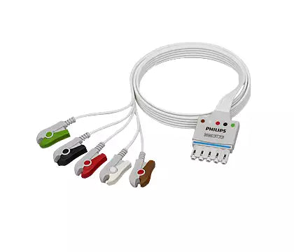 Disposable 5-lead ECG cable set for single-patient use, featuring AAMI color-coded grabbers and round peelable ribbon-style wires for bedside monitoring.