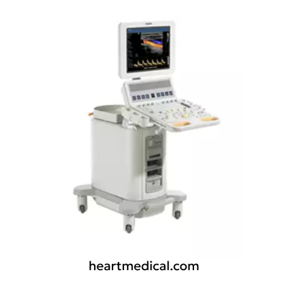 Philips HD15 ultrasound machine with monitor, control panel, and probes on medical cart in clinic setting