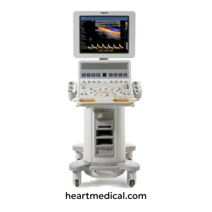 Philips HD15 ultrasound machine with monitor, control panel, and probes on medical cart in clinic setting