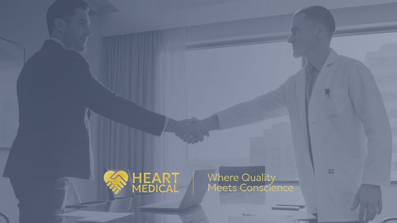 Heart Medical representative shaking hands with a medical professional, with the Heart Medical logo and tagline "Where Quality Meets Conscience."