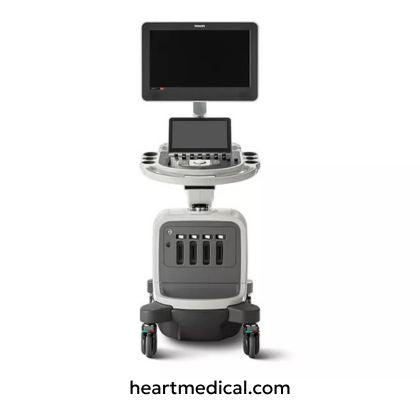 Philips Affiniti CVx cardiovascular ultrasound system front view showing monitor, control panel, and mobile cart