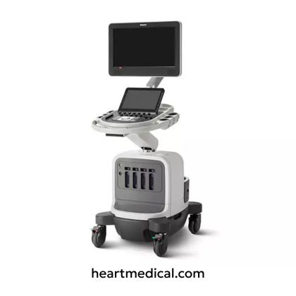 Angled side view of the Philips Affiniti CVx cardiovascular ultrasound system highlighting ergonomic design and probe holders