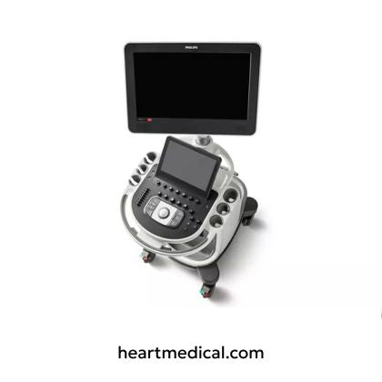 Top view of the Philips Affiniti CVx ultrasound system control panel and display designed for cardiology workflows