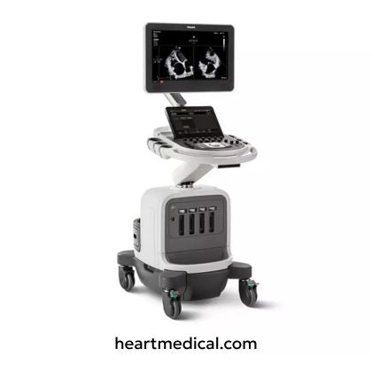 Philips Affiniti CVx cardiovascular ultrasound system displaying echocardiography images during a cardiac exam