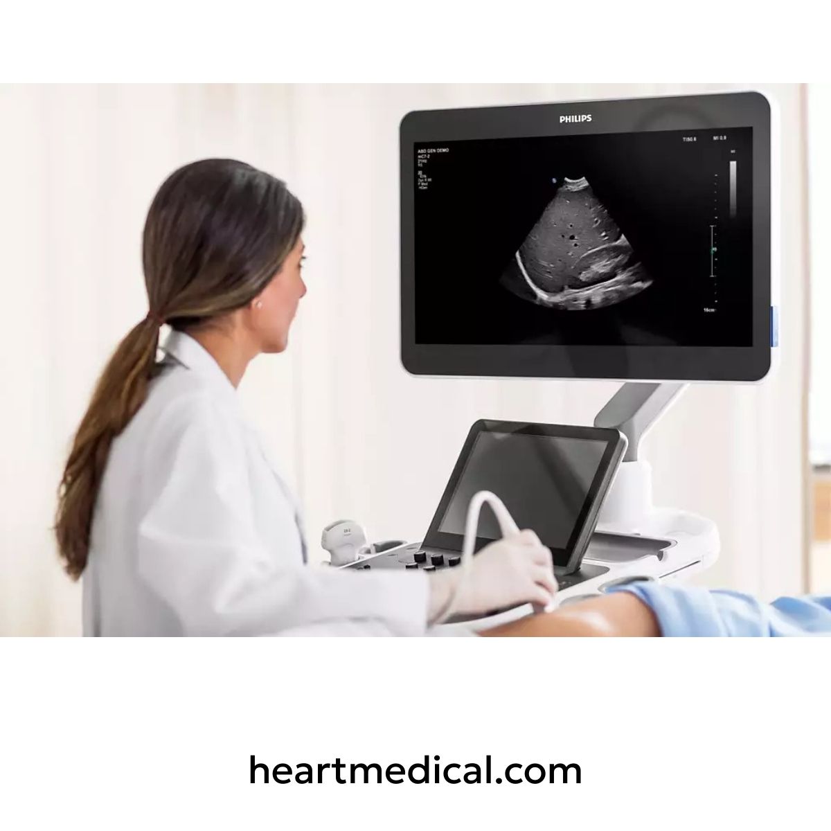 Doctor using ultrasound equipment with a monitor displaying an image, branded 'heartmedical.com'.