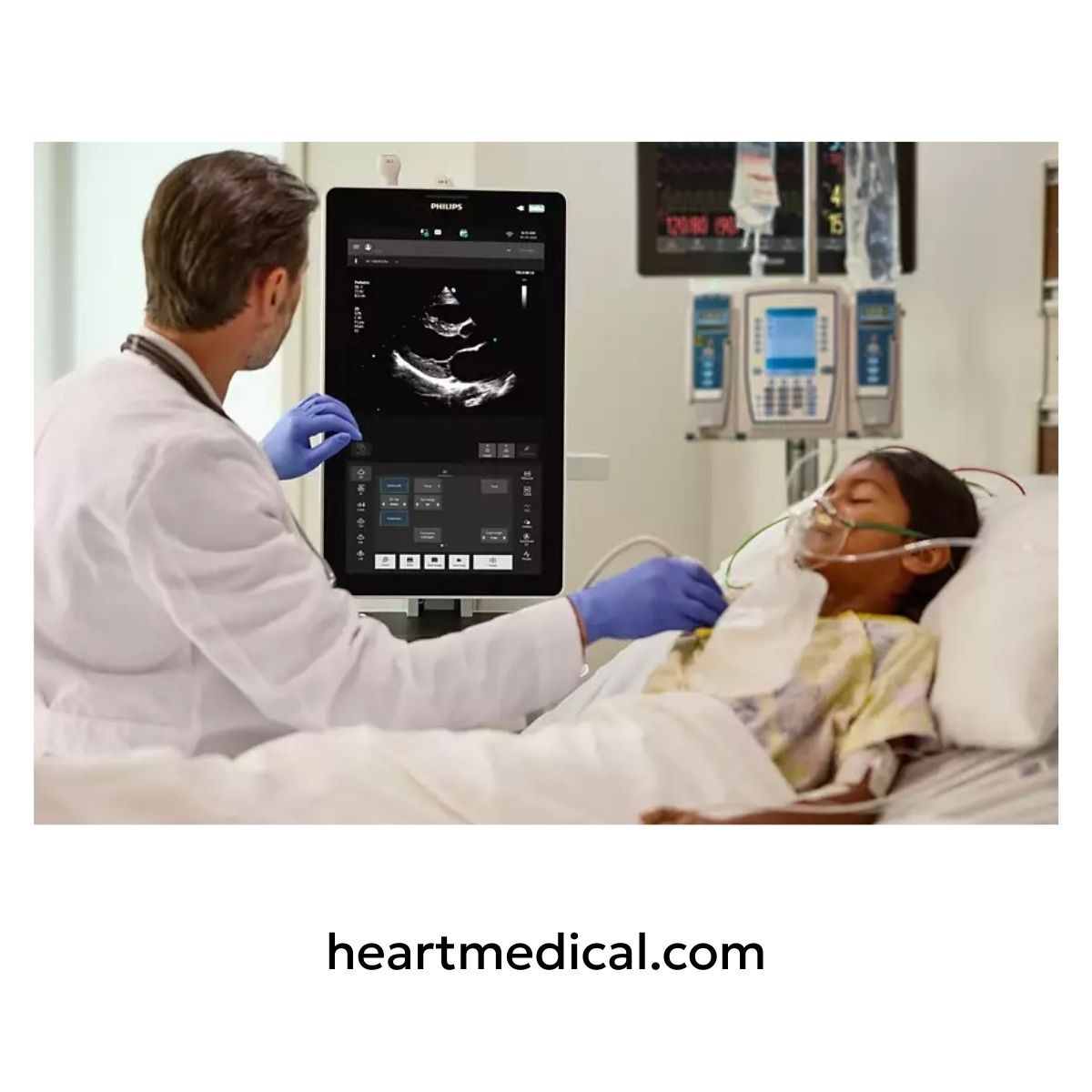 Clinician using Philips Flash 5100 POC ultrasound system at a pediatric patient's bedside.