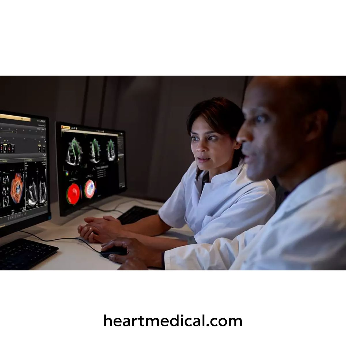 Clinicians analyzing advanced cardiac imaging on multiple monitors using Philips Ultrasound Workspace software