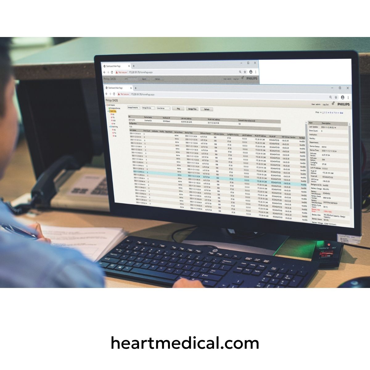 Philips Device Management Dashboard (DMDB) dashboard showing real-time EKG device management and network status.