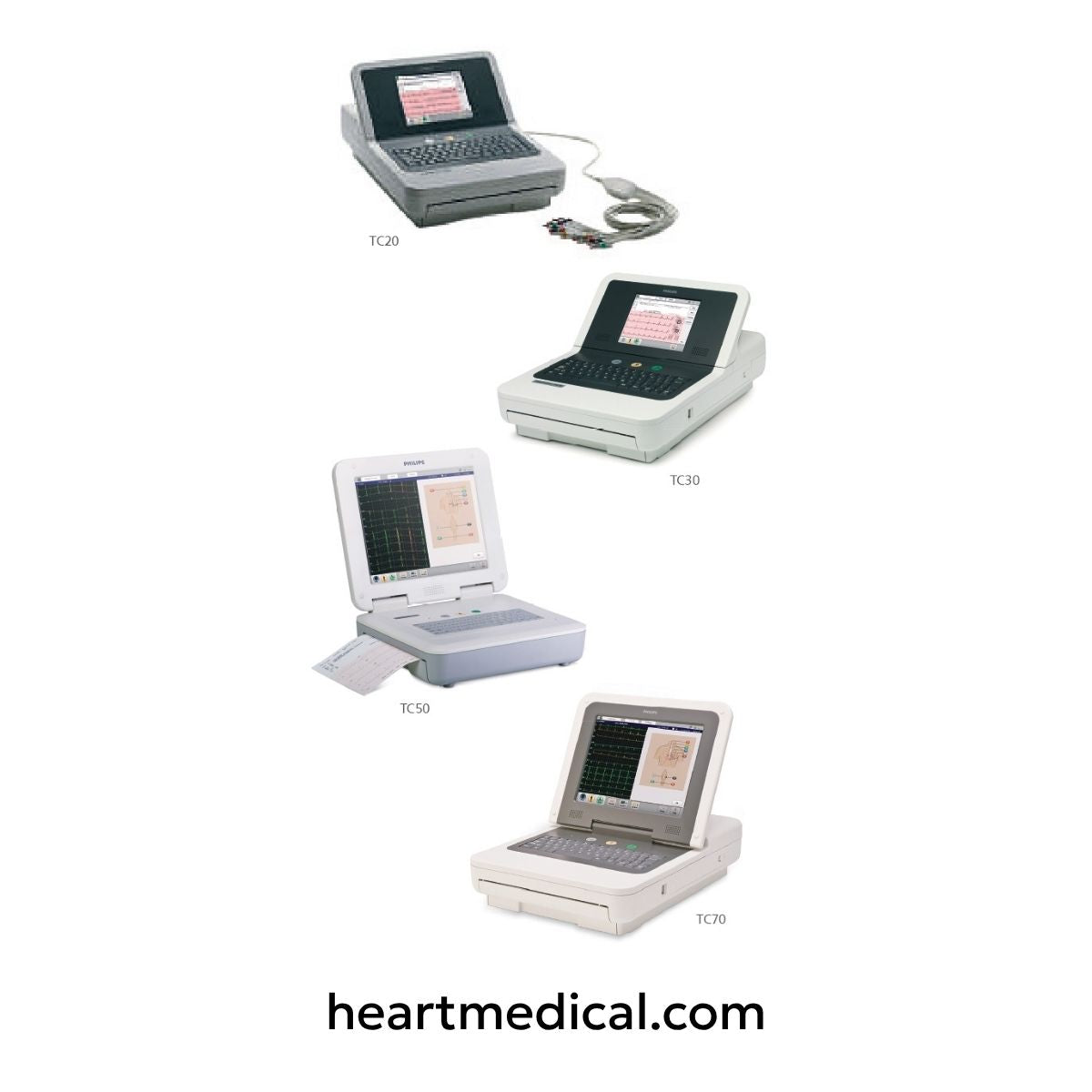 Philips PageWriter TC20, TC30, TC50, and TC70 EKG cardiograph models.